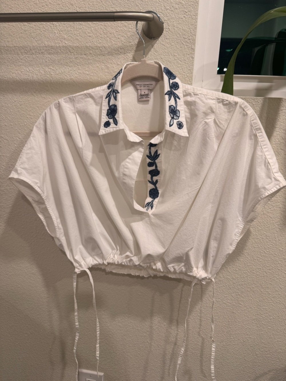 French Connection White Cropped Polo Top with Blue Floral Trim